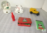 Lot Coca-Cola Cast Iron Car, Playing Cards Tin, Polar Bear Statue & Snow Globe