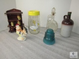 Lot Vintage Items; Glass Canister, Wood Hutch Wall Decor, Blue Insulator, Glass Decanter & Jug