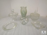 Lot 6 piece Clear Glass & Crystal Dishes Vase, Juicer, Tray, Bowl, & 2 Lidded Candy Dishes