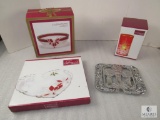 Lot Christmas Silver Tone Trivet, Crystal Trays, and Glass Candle Holder