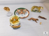 Lot of Tiger Figurines / Clemson Decorations; Snow Globe, Franklin Mint Plate, Wood Figures +