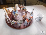 Porcelain Collector Carousel Horses & Animals on Wood Display tray