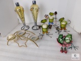 Lot of 2 Oil Lamps, Candle Holders Glass & Metal, and Frog Salt & Pepper Shaker Set