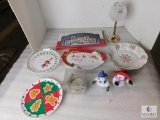 Lot Christmas Decorations; Ceramic Plates, Candle Holders, Sign, & Snowman Shakers
