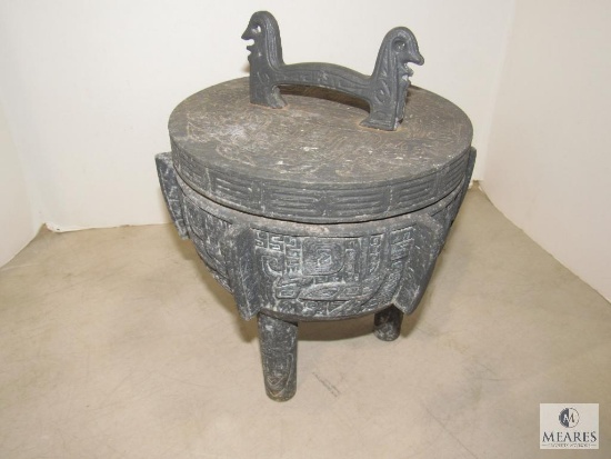 Antique Oriental Metal 3-Legged Vessel Urn Planter Bowl with Lid
