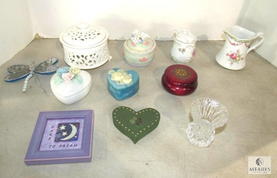 Lot Porcelain & Ceramic Trinket Boxes, Glass Toothpick Holder, & Decorative Items