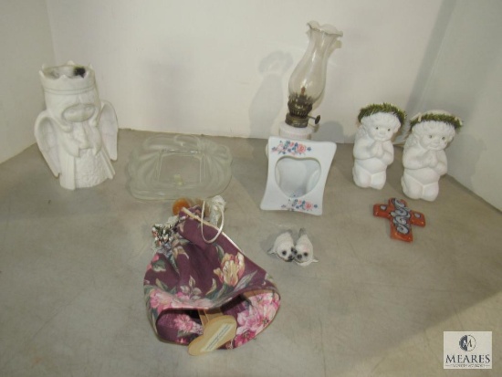 Lot Ceramic Angels, Milk Glass Oil Lamp, Glass & Porcelain Picture Frames, & Decorative Items