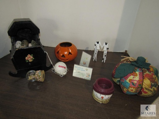 Lot Decorative Pumpkins, Small Wood Cradle, and Other Home Decorations