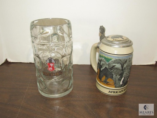 Large Glass Beck's Beer Mug and Budweiser African Elephant Endangered Species Stein