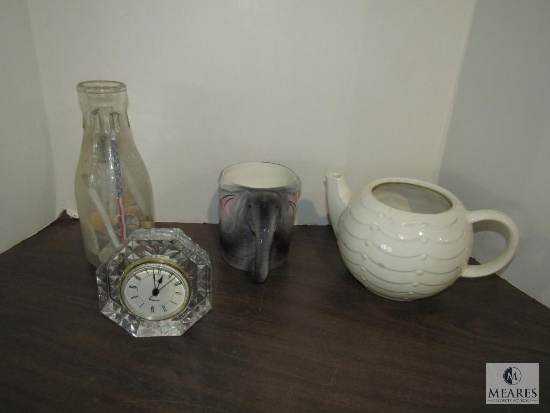 Vintage Fairfield Maryland Dairy Milk Glass Jar, Vintage White teapot, Mug & Glass Clock