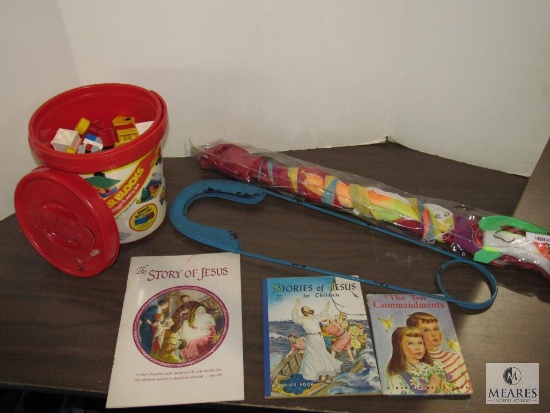 Lot Kids Items; Kite, Books, Tyco Super Blocks & Legos & Decorative Pin