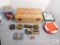 Lot of Metal small collectible Cans, Wooden Box