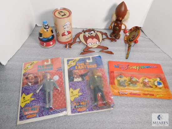 Lot of Pee wee Figures, Pop eye, Cookie Monster Plaque, Disney Toys etc.