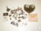 Mixed Lot of Costume Jewelry Includes Heart Mirrored Tray, Tie Pins, Lapel Pinks, Earrings+