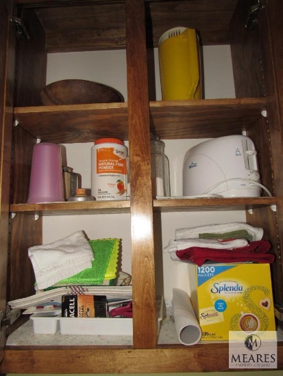 Contents of kitchen cabinets includes rival toaster wooden Bowl pot holders Plus