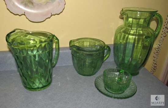 5 piece lot Green Glass depression pictures and teacup