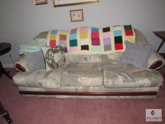 Sofa couch upholstered and beige blue mauve and light green