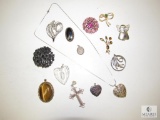 Lot Costume Jewelry Includes Tigers Eye Pendant, Vintage Pins, Hearts & Cross Pendants & 1 Chain