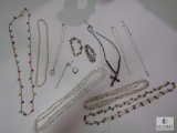 Lot Costume Jewelry Necklaces; Includes Leather & Cross, Beaded, Faux Pearls, Watch, Ring +