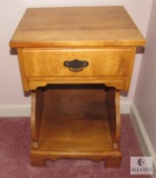 Wooden night stand table and 3 Precious Moments cross stitch pictures