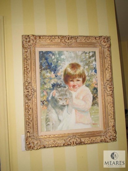Paint on Canvas Ornate Frame Girl with Cat by Parsley