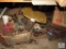 Shelf lot Contents Vintage toys, Jelly jars, cooler, Propane Heater, life Jacket, +