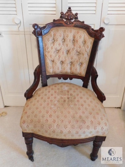 Antique wood carved Tufted Upholstery Side / occasional Chair