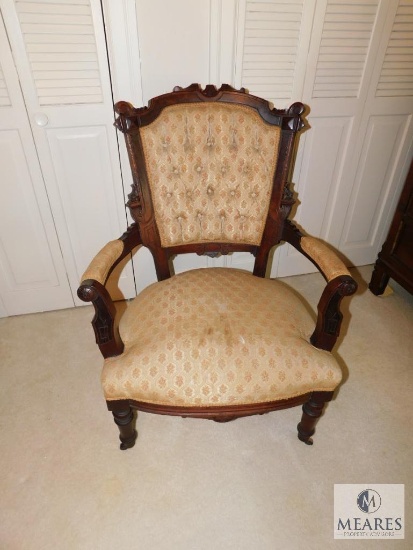Antique wood carved Tufted upholstery Arm Chair side / occasional