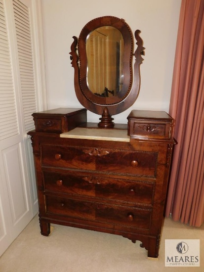 Antique wood dresser 2 over 3 with Swivel Mirror and Marble centerpiece