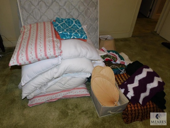Lot linens pillows afghans blankets aprons and towels
