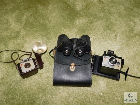 Lot vintage Kodak Camera, Mercury Binoculars, and Polaroid Square shooter camera