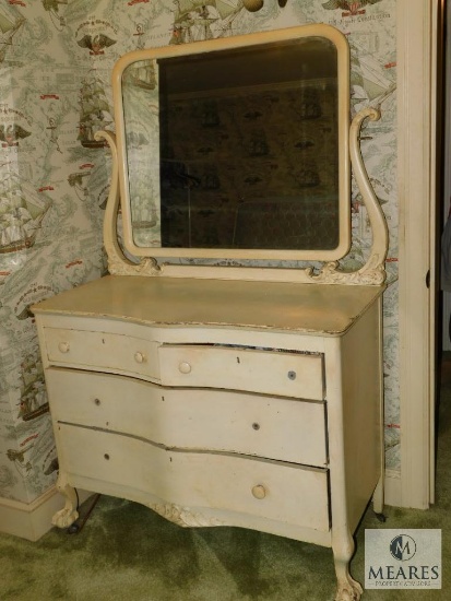 Antique claw foot Dresser 2 over 2 with swivel mirror painted ivory