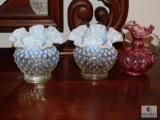Lot 3 possibly Fenton Hobnail Opaque Vases and 1 Cranberry pitcher