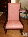 Vintage wood rocking chair Smaller size with rose color upholstery