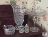 Lot Clear cut Glass or possibly Crystal Pedestal dish, Vase, Creamer, and Salt Pepper set