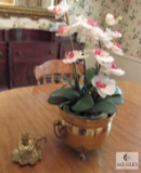 Hammered Brass Pot with faux Orchids and Brass Grape Cluster Candle Holder