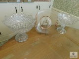 Lot 2 large Pedestal Cut Glass Dishes and pink Depression Glass Tray