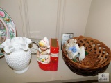 Shelf Lot Depression Glass Bowl, Hobnail Vase, Clock, Greta figurine, basket +