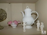 Shelf lot Cranberry Glass Pitcher, Pedestal glass Dish, Pitcher, Ruffled edge Tray & Angel Figurines