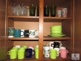 Cabinet lot dishes, coffee mugs, Vintage glasses