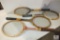 Lot 4 Vintage Wooden Tennis Rackets and Skateboard