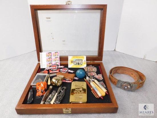 15"x 12" Glass Top Display Box w/ Trinkets; Paperweights, Elvis Stamps, leather belt, Patches, Can