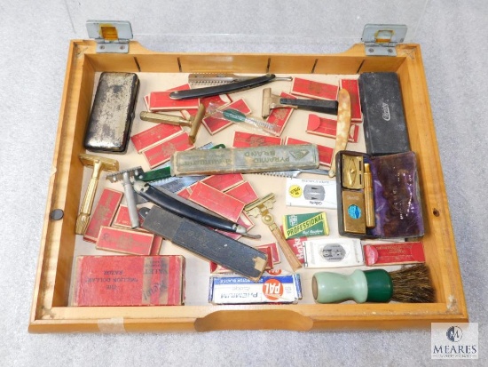 13"x 17" Glass Top Display Case full of Vintage Shaving Razors, Blades, and Strops