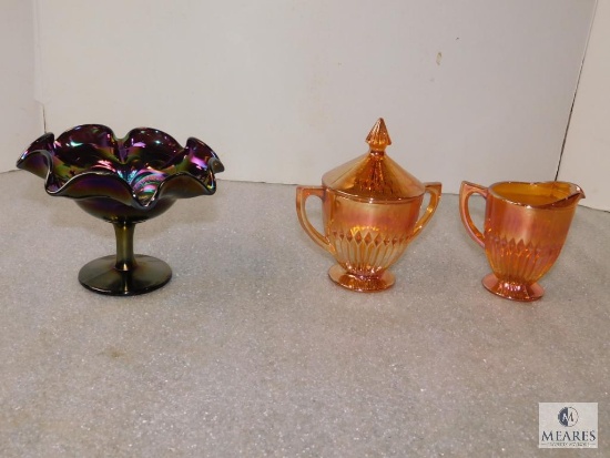 Lot 3 Carnival Glass Pieces; Orange Sugar bowl & Creamer & Blue Pedestal Dish
