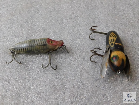 Lot 2 Vintage Heddon Fishing Lures; Wood Crazy Crawler & River Runt Spook