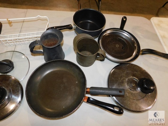 Lot T-Fal Pans, Skillets, and vintage metal measuring cups