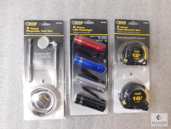Lot New 4 piece LED Mini Flashlights, 2 Piece Tape Measure Set, & 3 piece Magnetic Tool Set