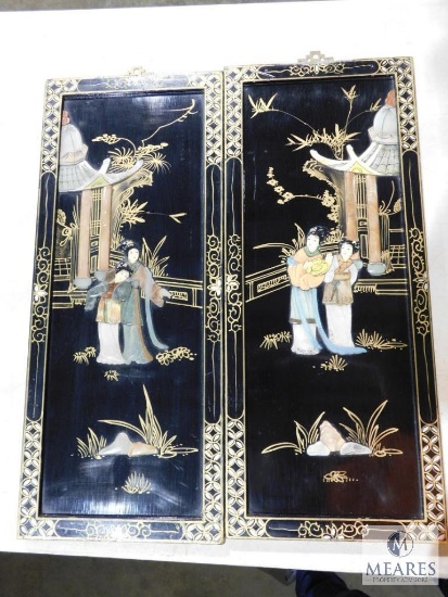 Pair of Japanese Oriental hand painted Wood & Carved Stone Wall Plaques Art 10" x 24" each