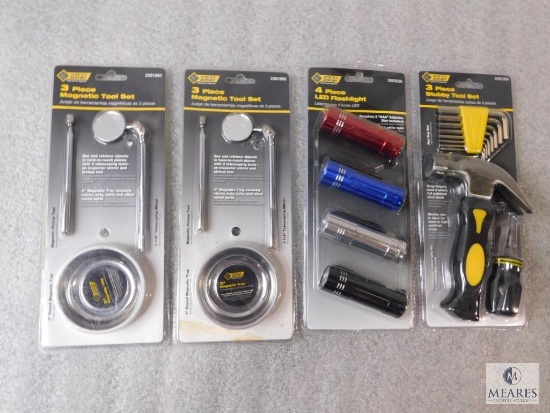 New lot 4 LED Mini Flashlights, 3 piece Stubby Tool Set, and 2) 3 piece Magnetic Tool Set