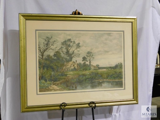 B.W. Leader Farm Cottage scene Colored Etching Print 38" x 30"